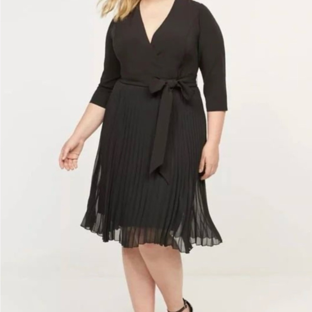 Lane Bryant Black Pleated Midi Dress 3/4 Sleeve V-Neck Belted Sz 16 Academia
